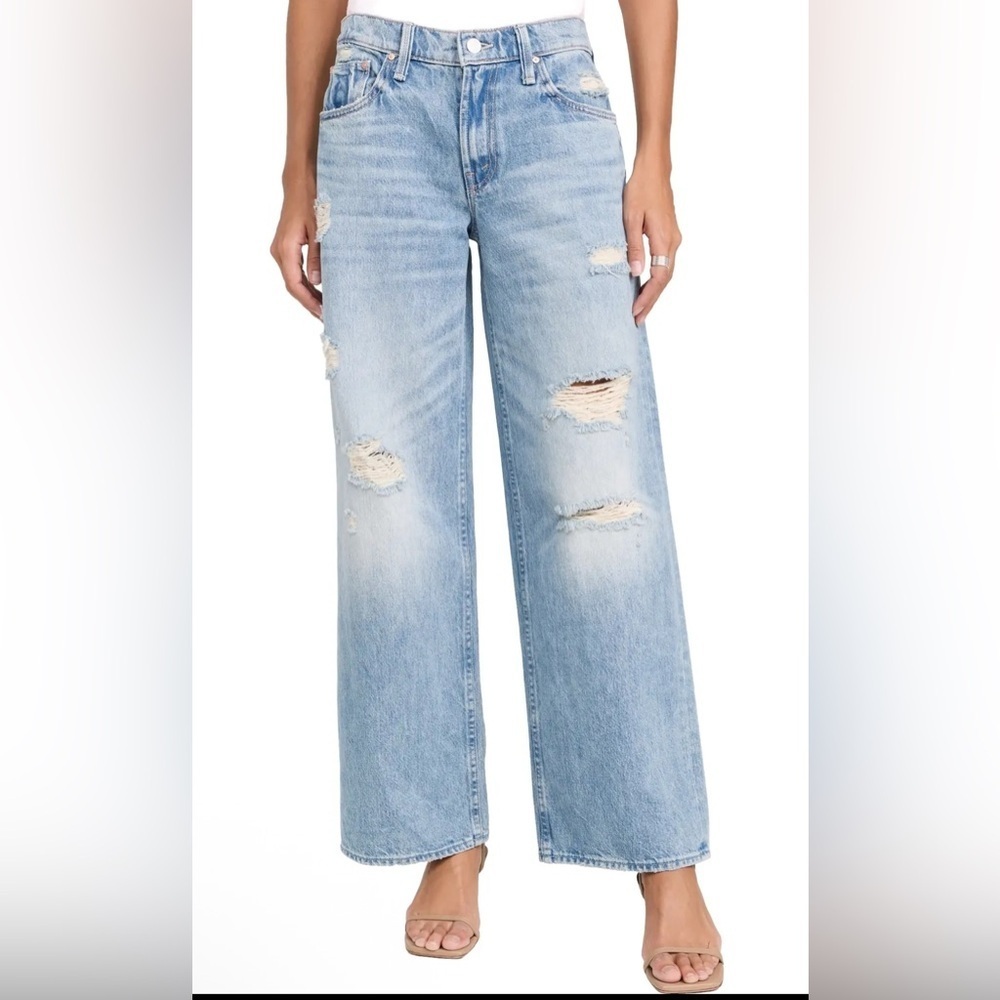 MOTHER Light Wash Distressed Wide Leg Jeans